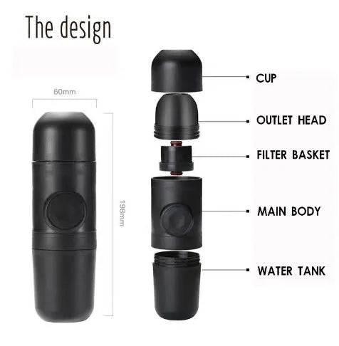 Black portable manual espresso machine showing 6cm diameter and 17.5cm height with stainless steel and plastic components.