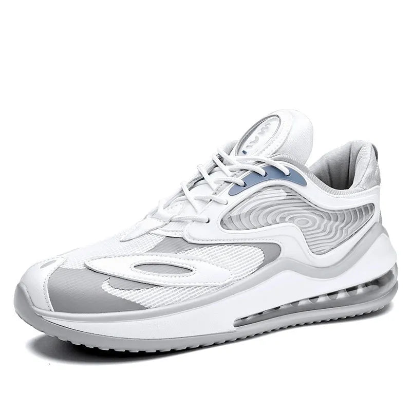 Men's black and white casual sneakers with air cushion sole for height increase.