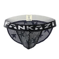 Men's white mesh breathable underwear briefs with low waist and high fork design on a flat lay.