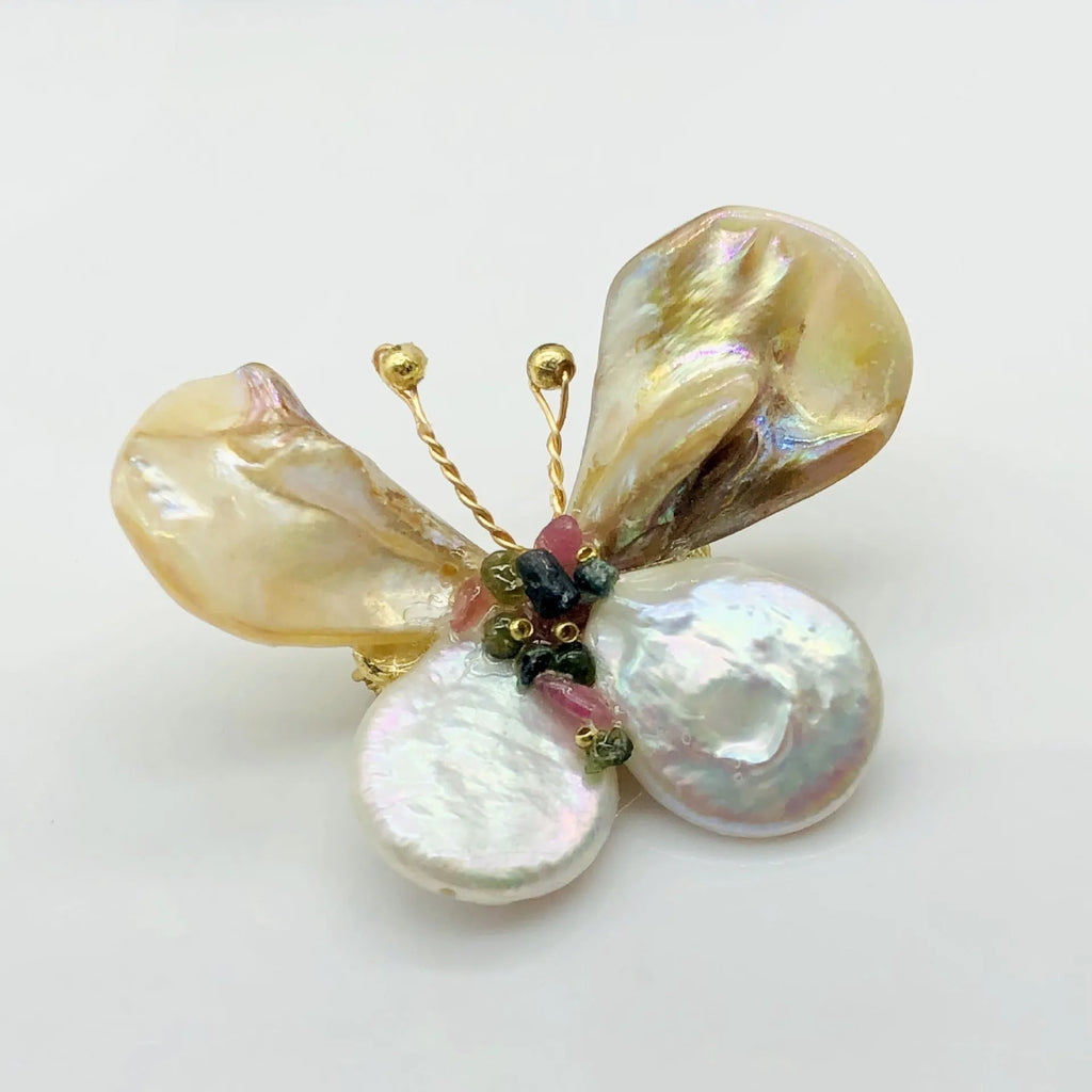 Handwoven epoxy shell butterfly brooch in light brown, handmade, original design, for women