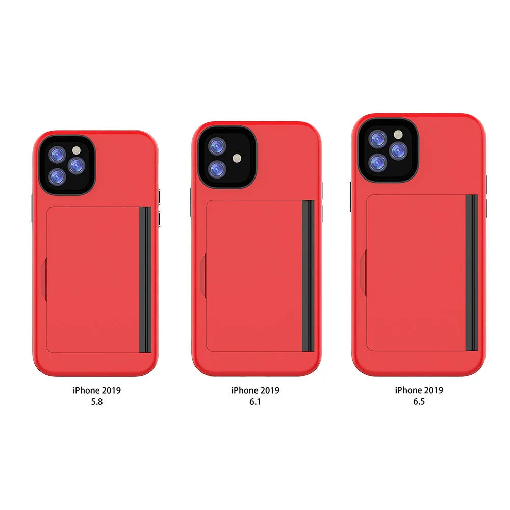 A solid colour mobile phone case for iPhone 11 series, shown in black, red, pink, blue, dark blue, and purple colour options.