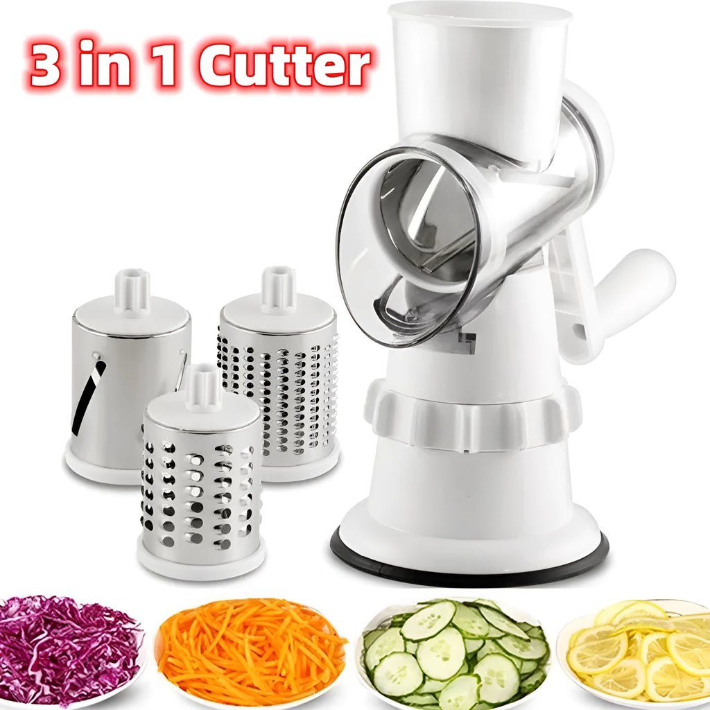 White 3-in-1 manual vegetable slicer with stainless steel blades on kitchen counter