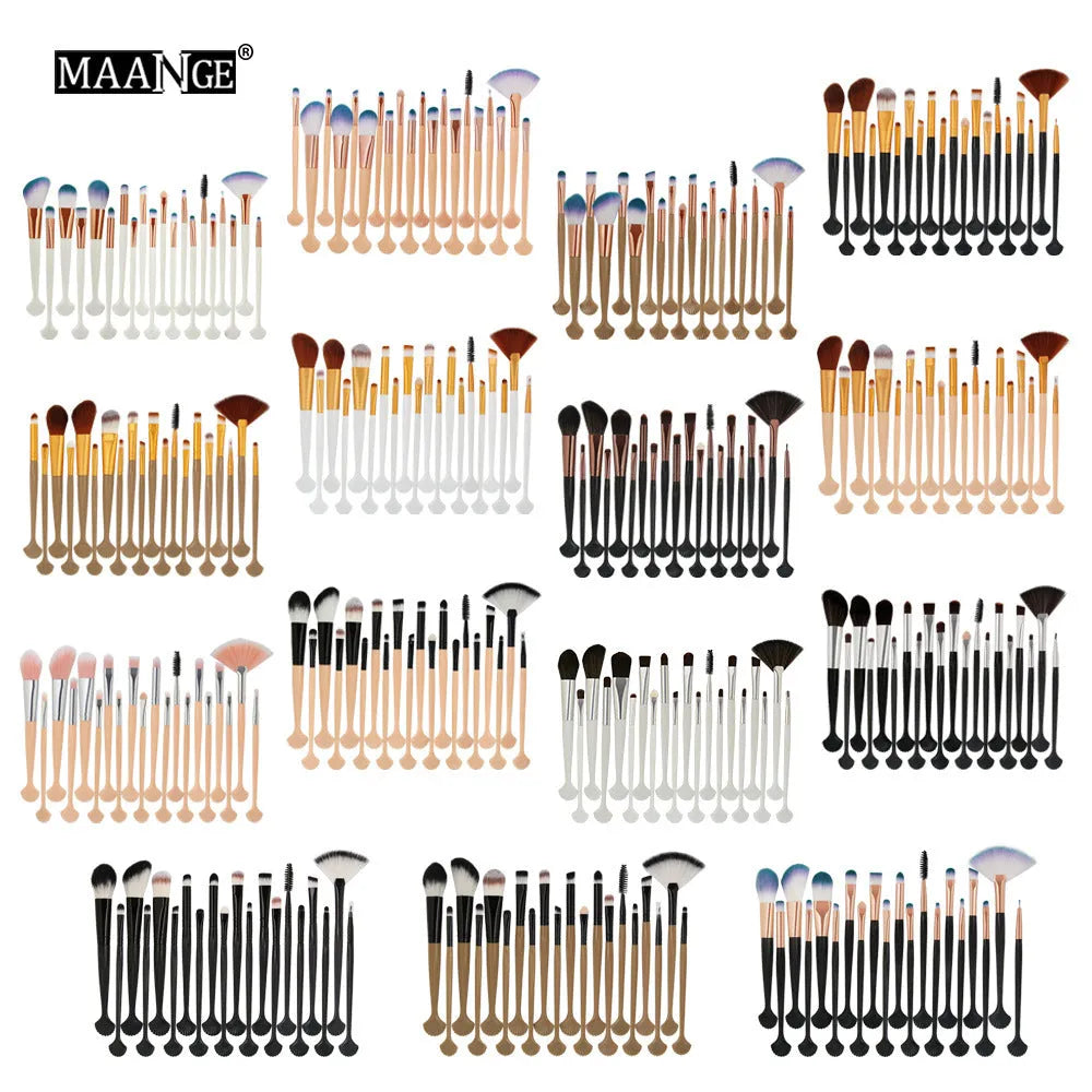 Cosmetic brush kit with nylon bristles and plastic handles, 14cm total length, multiple colour options including black and gold