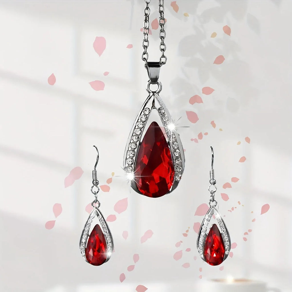 Black and red alloy necklace and earrings set with matching teardrop pendant and droplet earrings.