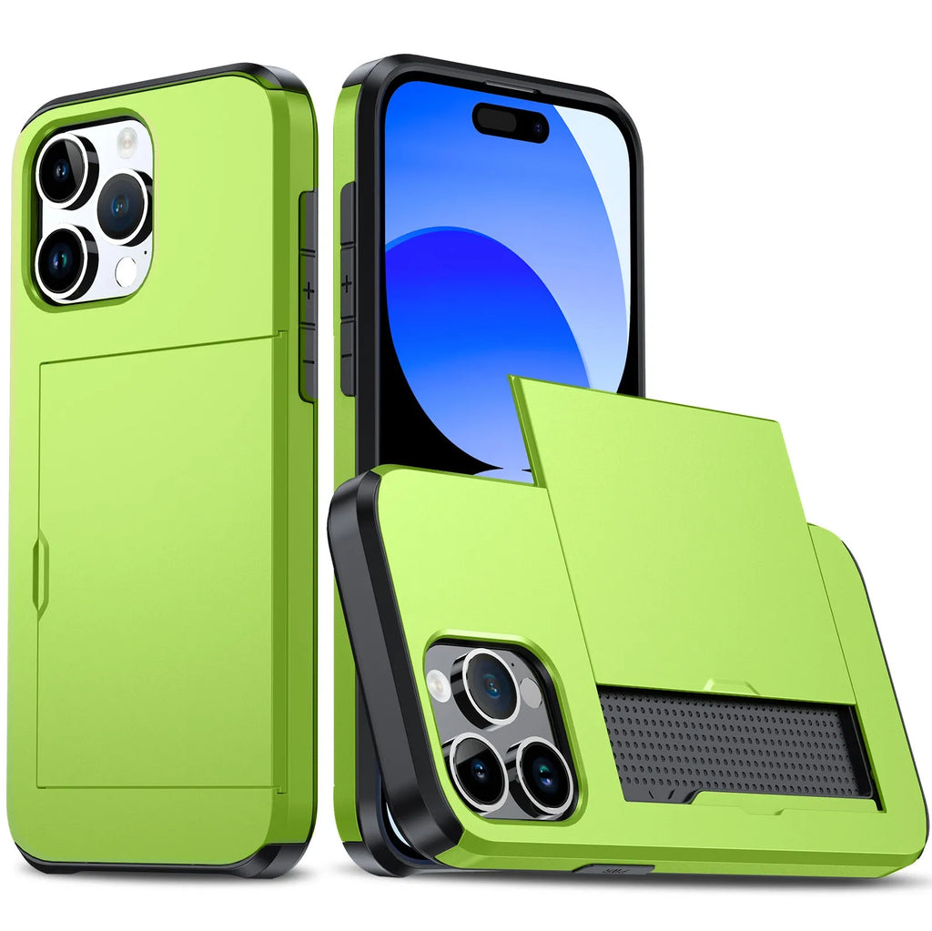iPhone 15 Pro Max phone case with slide card slot, frosted TPU PC anti-fall cover in black