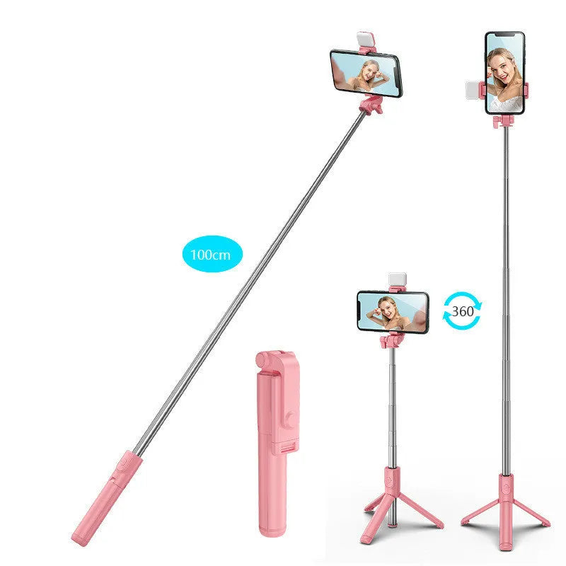 Black aluminium alloy Bluetooth selfie stick with extended tripod legs and a smartphone attached.