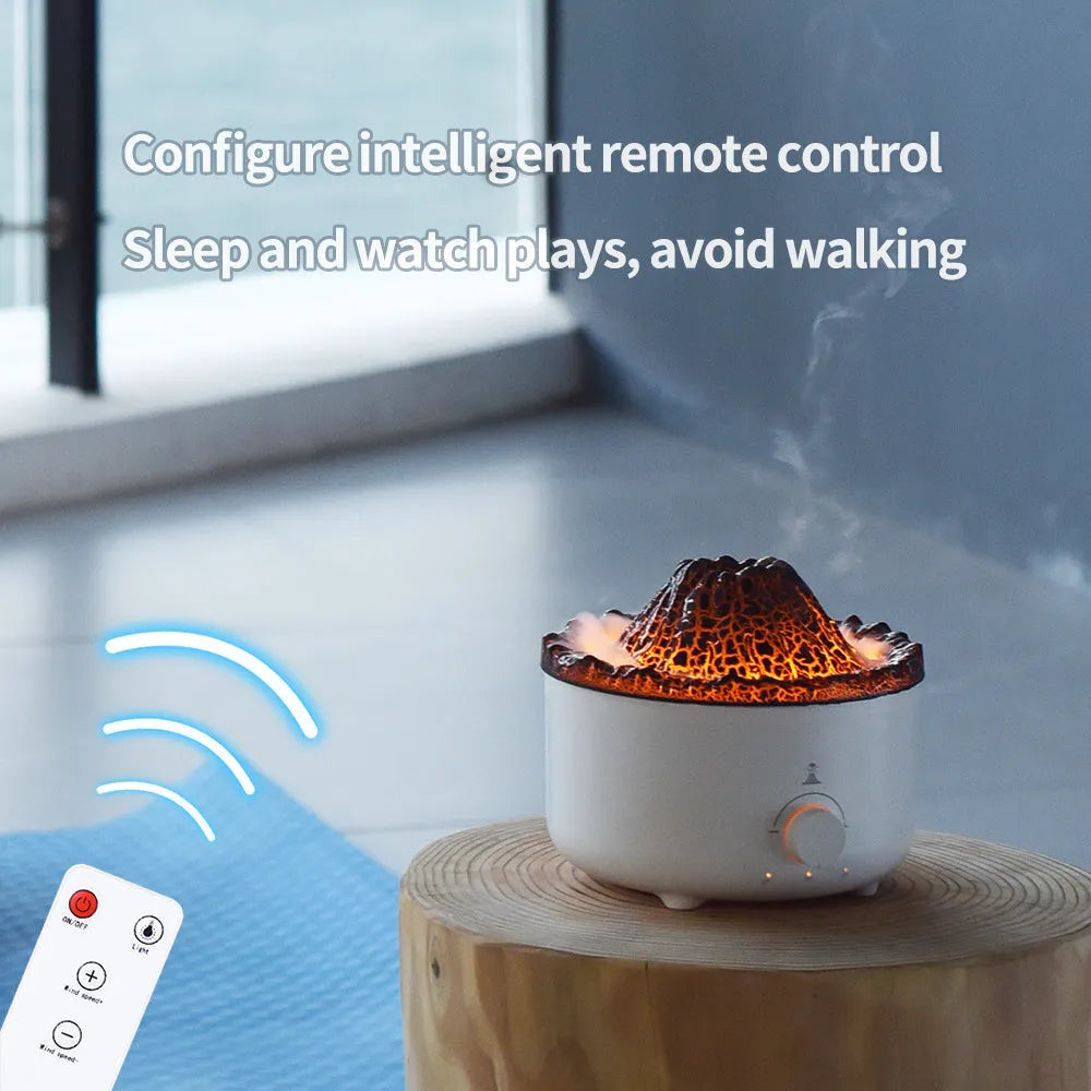 White simulated flame volcano humidifier with remote control showing orange and blue lighting effects