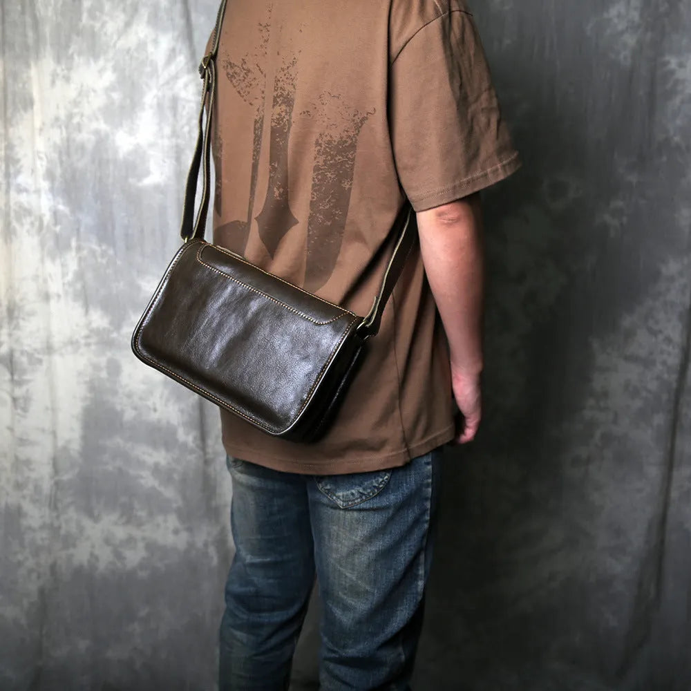 Men's genuine leather crossbody shoulder bag in olive green with patchwork design