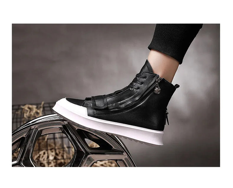 Men's black and white PU leather high-top ankle boots for winter, shown with size chart.