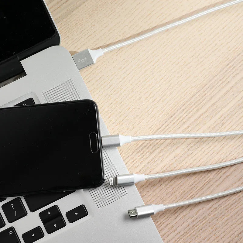 Type-C three-in-one data cable 2 metres nylon braided wire white colour with three charging heads