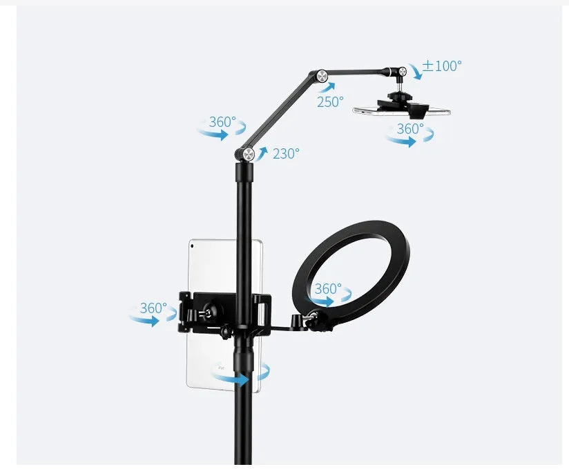 Black aluminium alloy mobile phone tablet stand with built-in fill light for vertical floor shooting