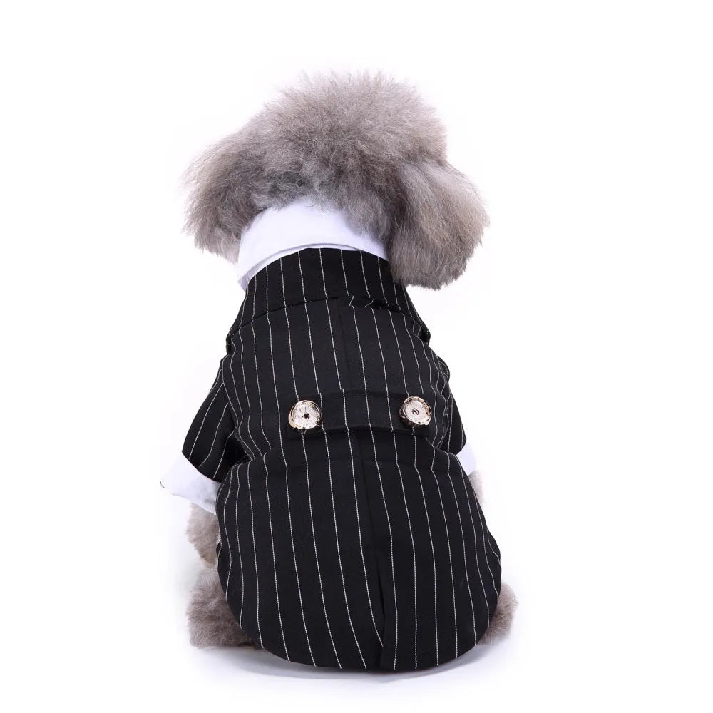 Polyester England style pet dog suit in Black tie, Blue bow tie, Striped dovetail, Striped suit, or White tie, sizes S to XL