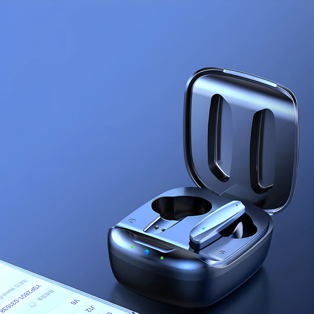 Black and white TWS Bluetooth 5.1 wireless earbuds with a charging case on a white background.
