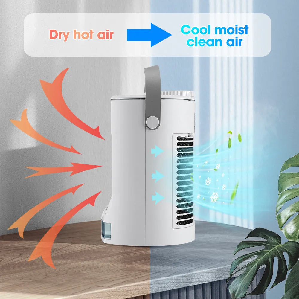 Mini USB air cooler with humidification spray fan on a desk with 3 speed modes and bladeless design