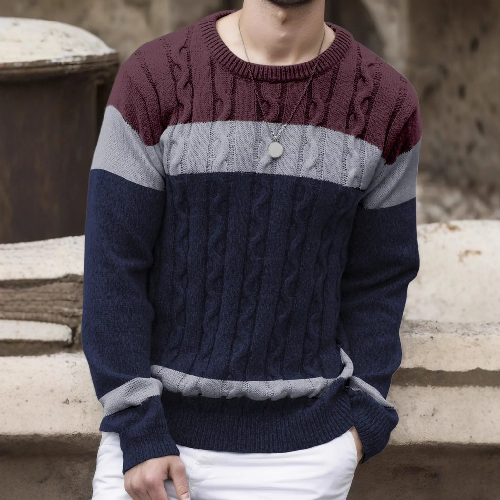 Men's colour-block crew neck pullover sweater in Blue and White Multicolor loose fit