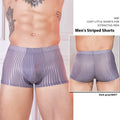 Men's thin striped nylon underwear in black, white, and dark grey from a three-pack set.