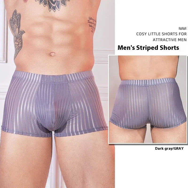 Men's striped thin transparent nylon boxer briefs in black, dark grey, and white colours.