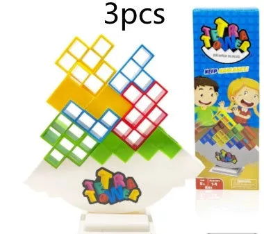Plastic balance stacking game with coloured blocks, chassis and base for kids and adults