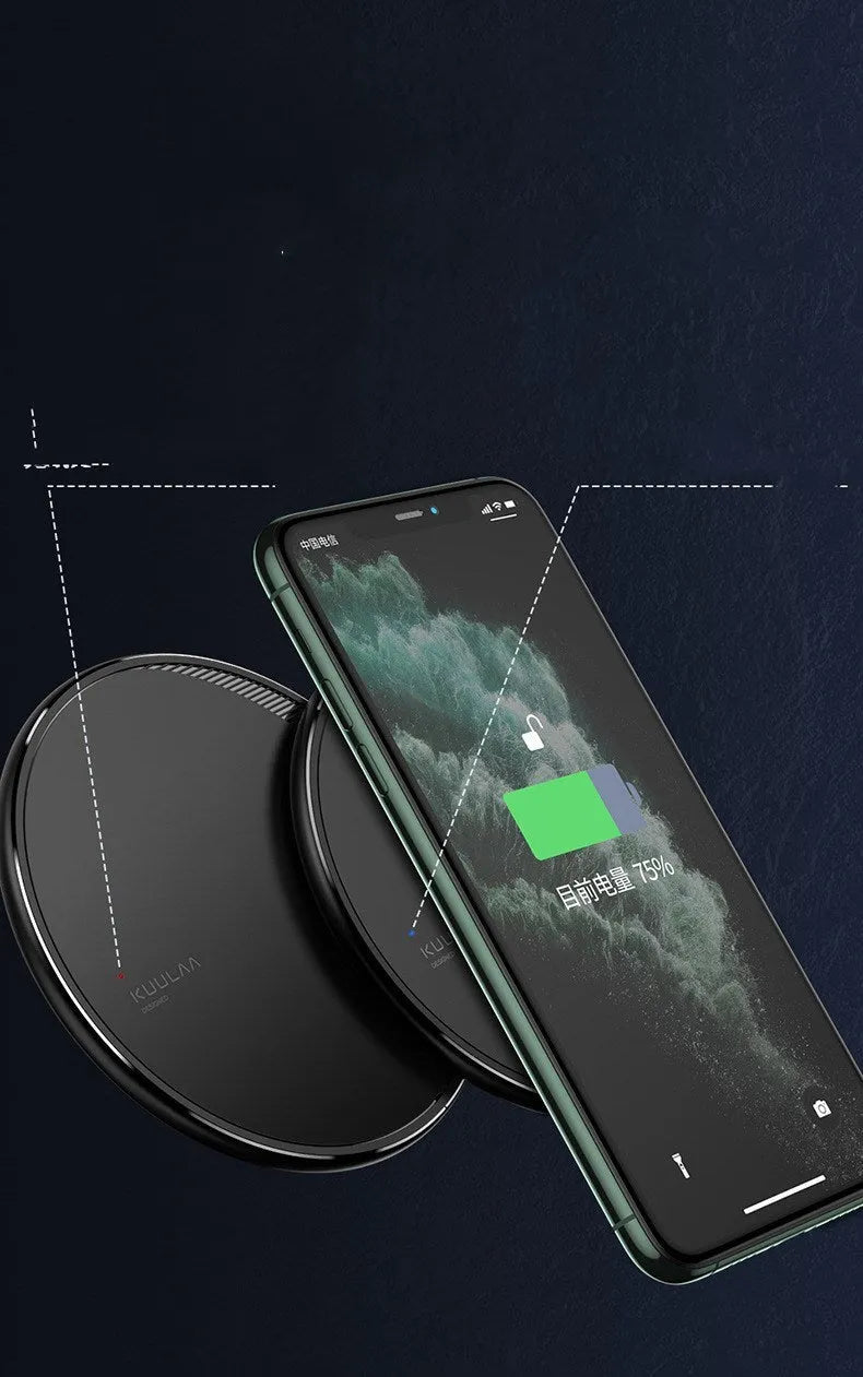 Black circular wireless disc charger for mobile phones with LED indicator light