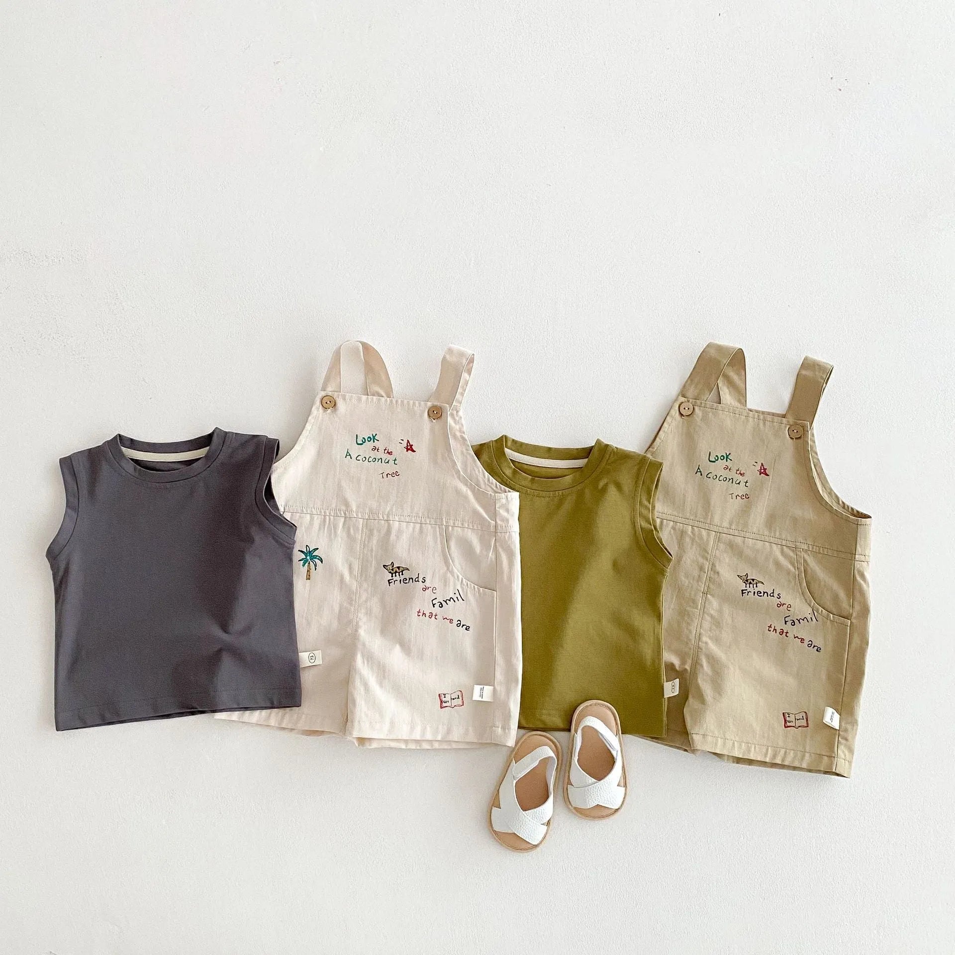 Baby cartoon suspender pants and t-shirt set in Korean style, cotton fabric, available in multiple colours for boys and girls