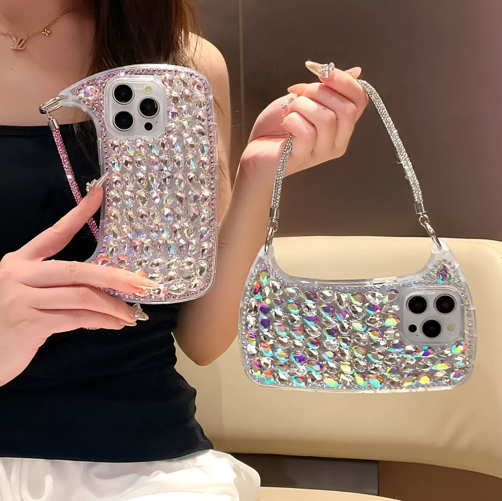 3D glass rhinestone small handbag phone case with chain strap for iPhone, pink or white diamond