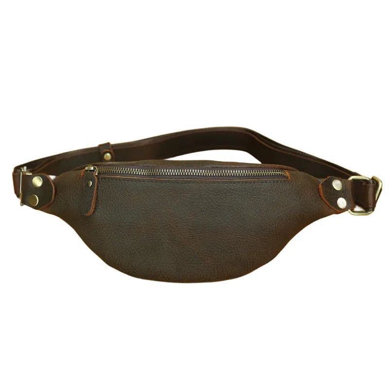 Men's retro Crazy Horse leather crossbody chest bag in first layer cowhide with sewing thread detailing, solid colour design