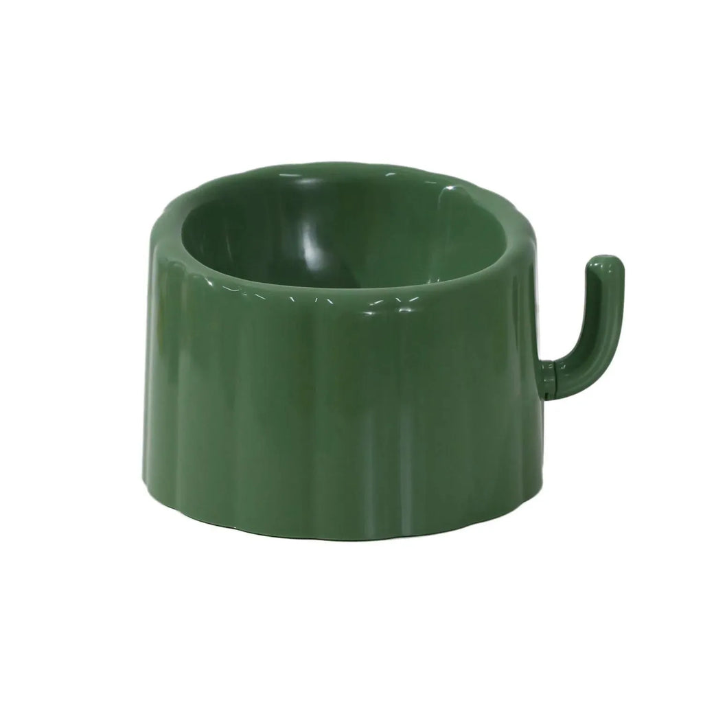 Solid green ceramic cat bowl with cactus pattern, high sides, and anti-slip rubber base ring.