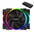 Set of three black 120mm RGB case fans for PC cooling with hydraulic bearings.
