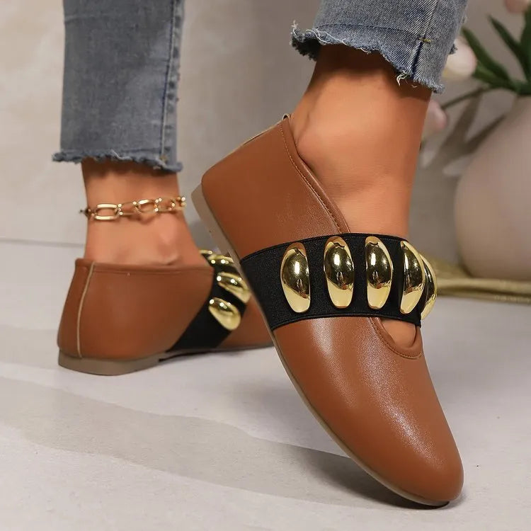 Women's brown artificial PU slip-on loafers with metal buckle and sequin decoration on front
