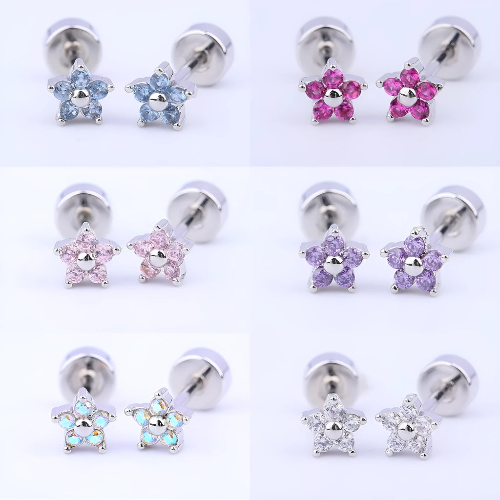 Copper-plated gold micro inlaid zircon five-petal plum flower ear studs on a white background, unisex design, real gold thick plating