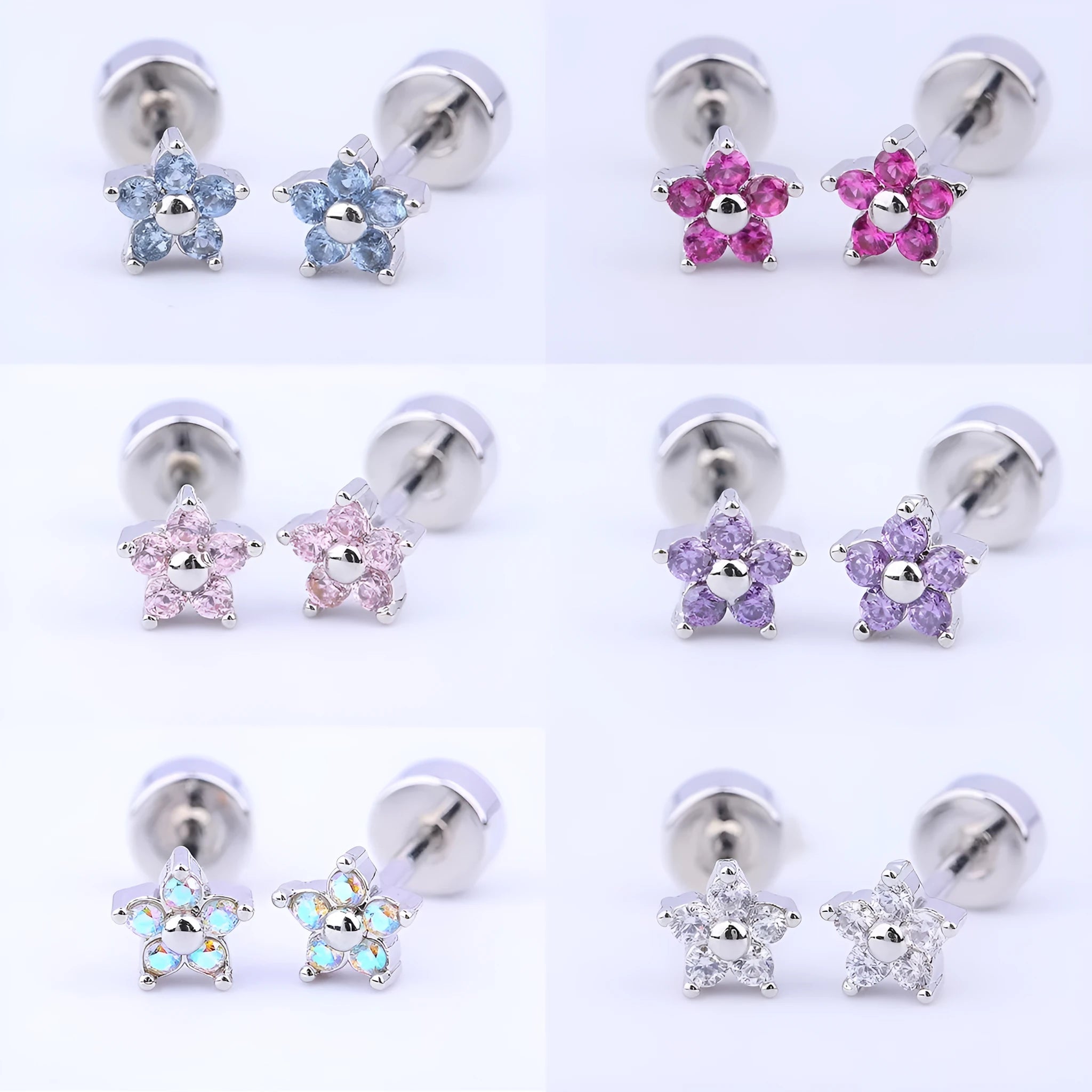 Copper-plated gold micro inlaid zircon five-petal plum flower ear studs on a white background, unisex design, real gold thick plating