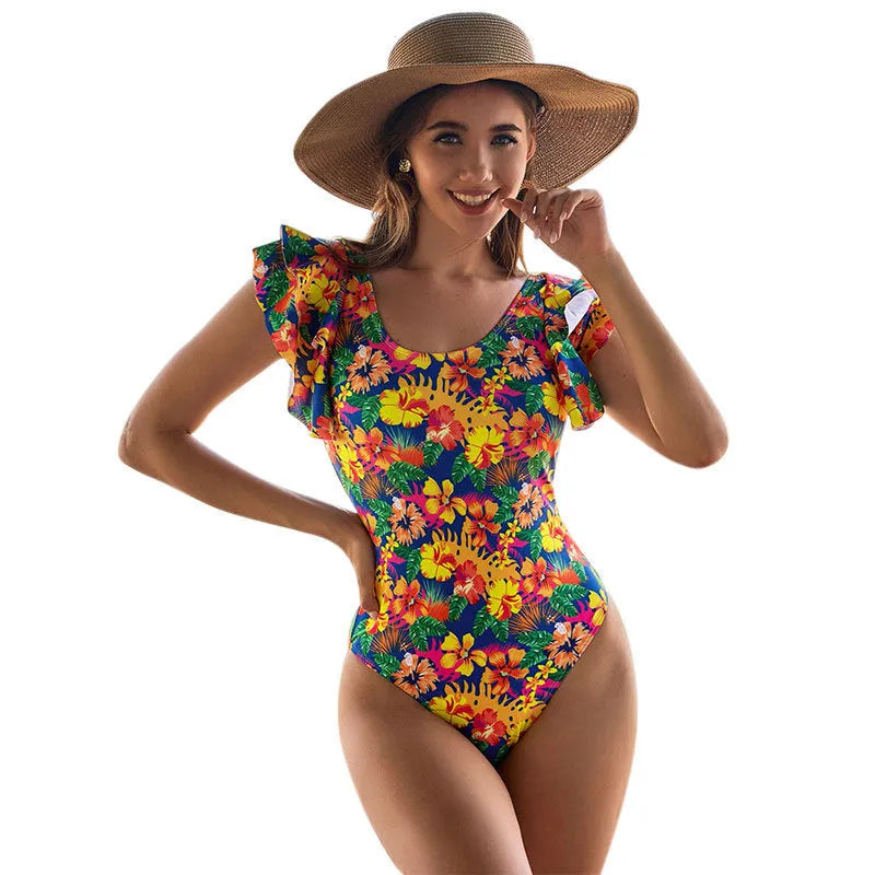 Women's one-piece swimsuit with U-shaped collar and lace design on polyester fabric