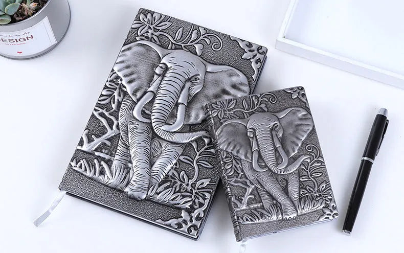Embossed retro hardcover notebook with PU leather cover, bronze relief highlights, 13.5x20.5cm beige paper, 180-degree spreadable binding