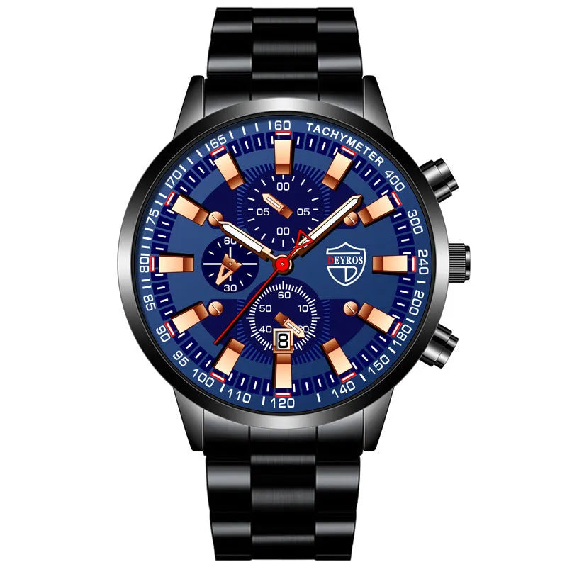 Men's stainless steel luminous quartz wristwatch with 42mm dial, calendar, and 24-hour indication on a white background