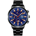 Men's stainless steel luminous quartz wristwatch with 42mm dial, calendar, and 24-hour indication on a white background
