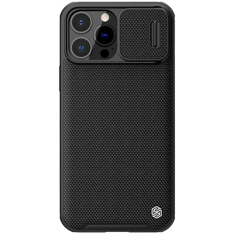Black textured sliding back cover phone case for Apple iPhone 13 Pro Max.