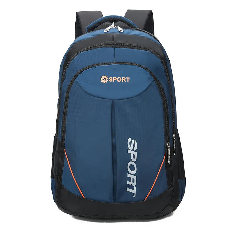 Large nylon backpack with curved shoulder straps in black, blue, grey, or red colours showing 20-35L capacity