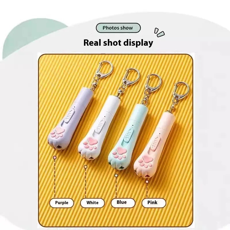 Rechargeable cat teaser toy with extended pole and feather, shown in sky blue colour.
