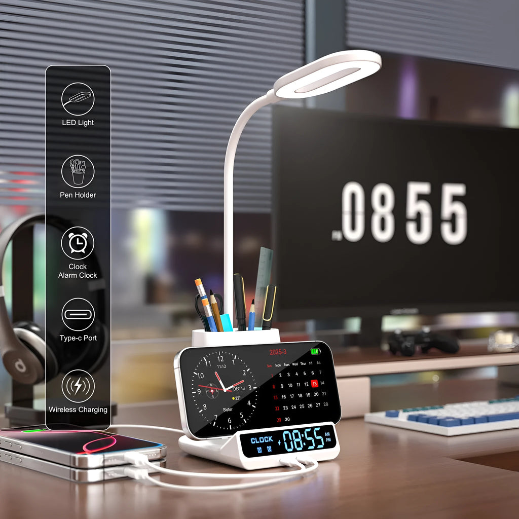 Modern desk lamp with wireless charging pad, storage box, and pen holder on a wooden desk.