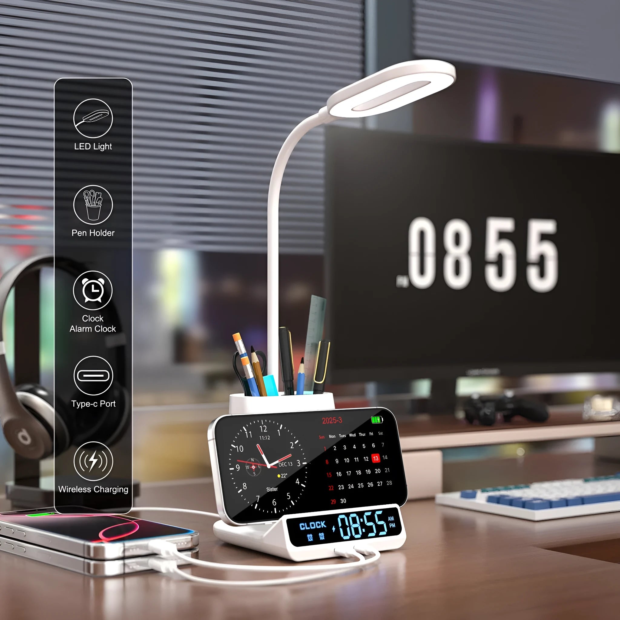 Modern desk lamp with wireless charging pad, storage box, and pen holder on a wooden desk.
