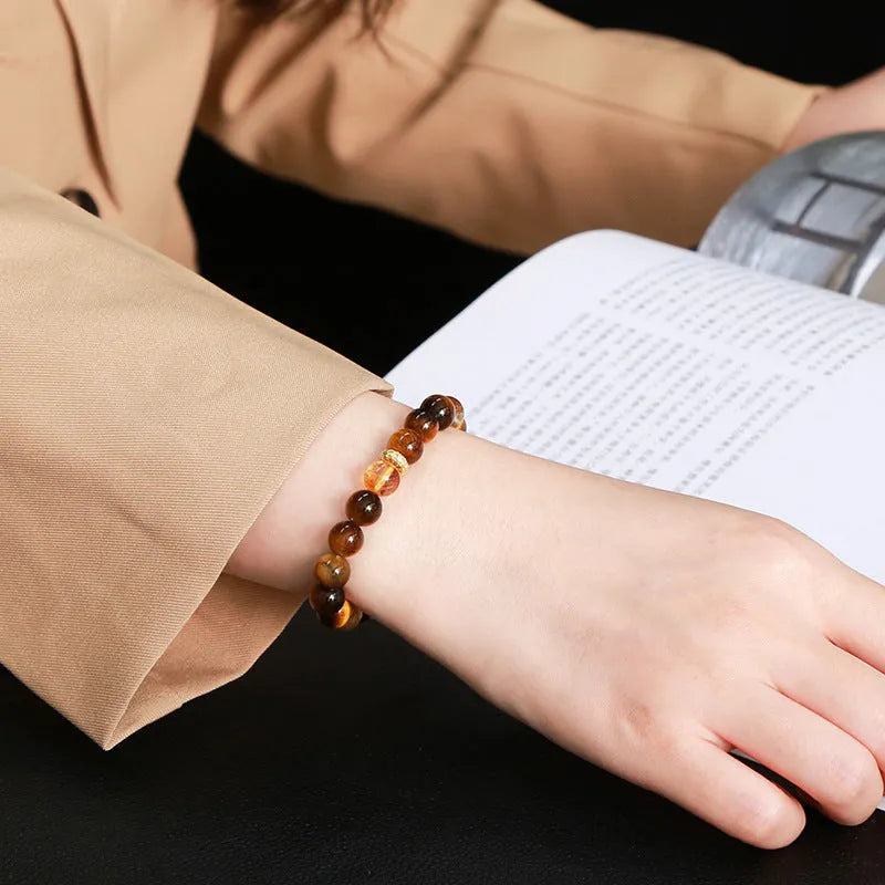 Natural yellow tiger eye crystal bracelet with 8mm geometric beads and mixed tower design