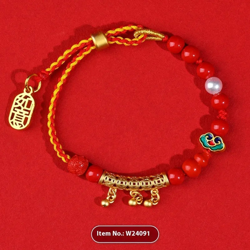 Cinnabar red rope bell-bracelet with hand-woven geometric design and round elements