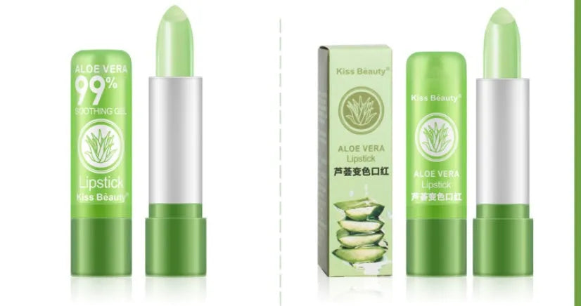Aloe vera color changing lip balm stick in green, 3.5g compact size 2x2x7.5cm, temperature reactive formula