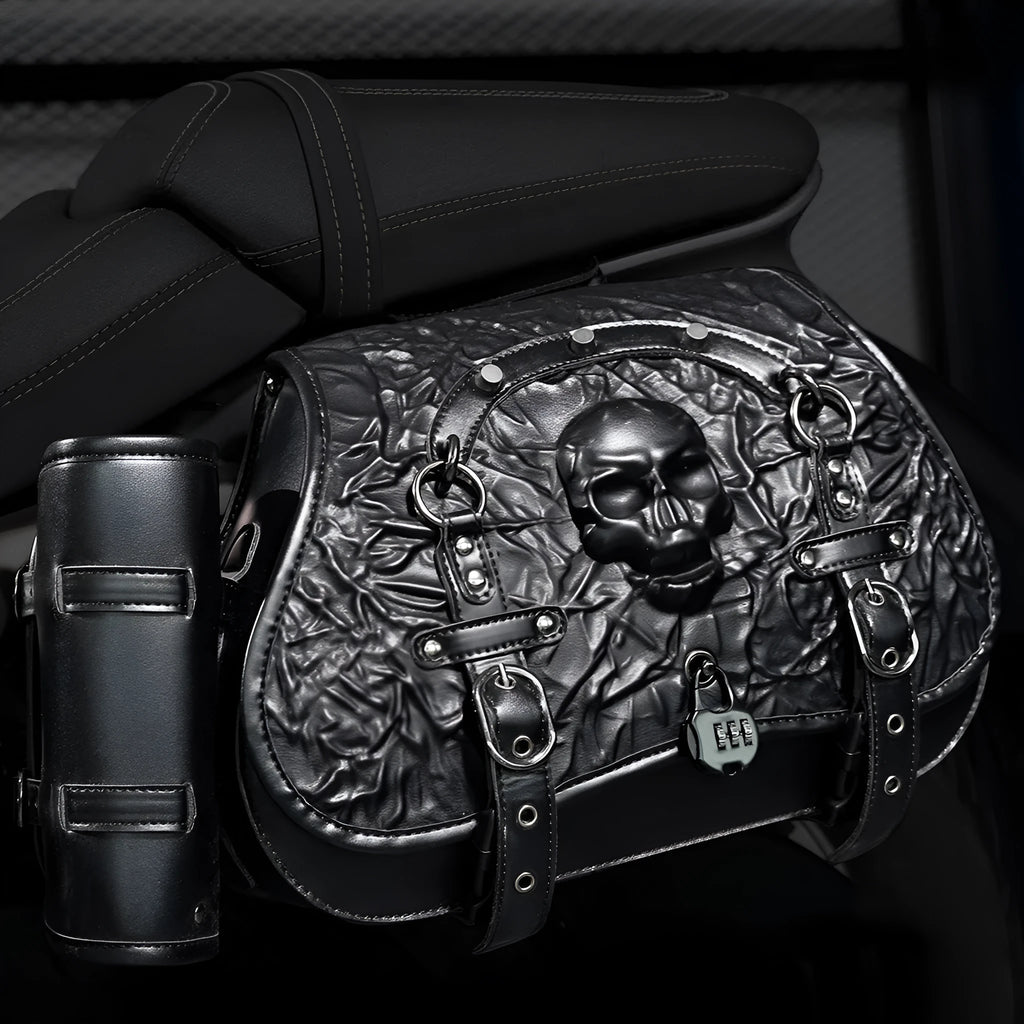 A pair of black PU motorcycle side luggage bags with model number FBG404BK for bike modification.