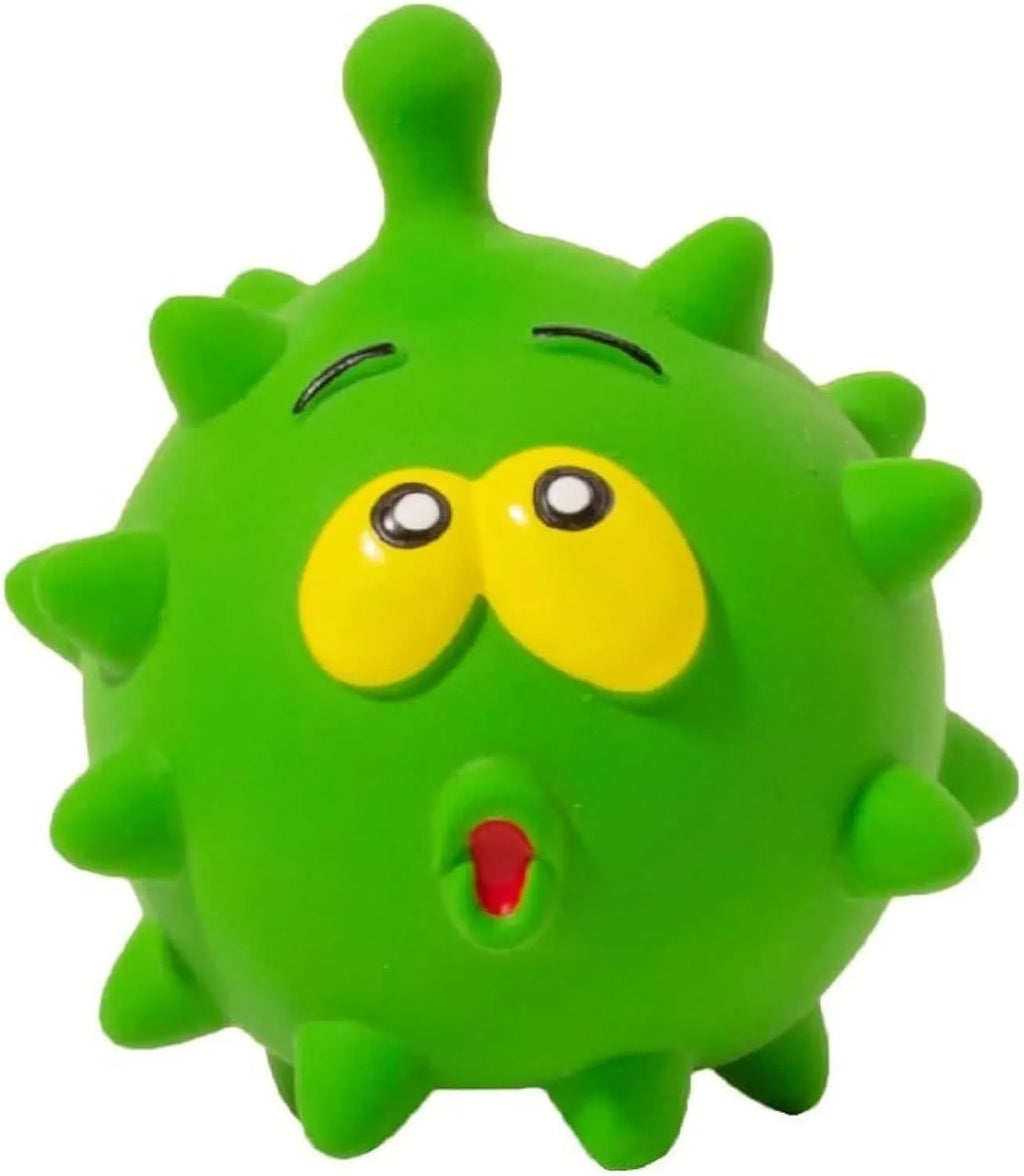 Set of four colourful latex squeaky dog balls with cute faces, shown next to a dog.