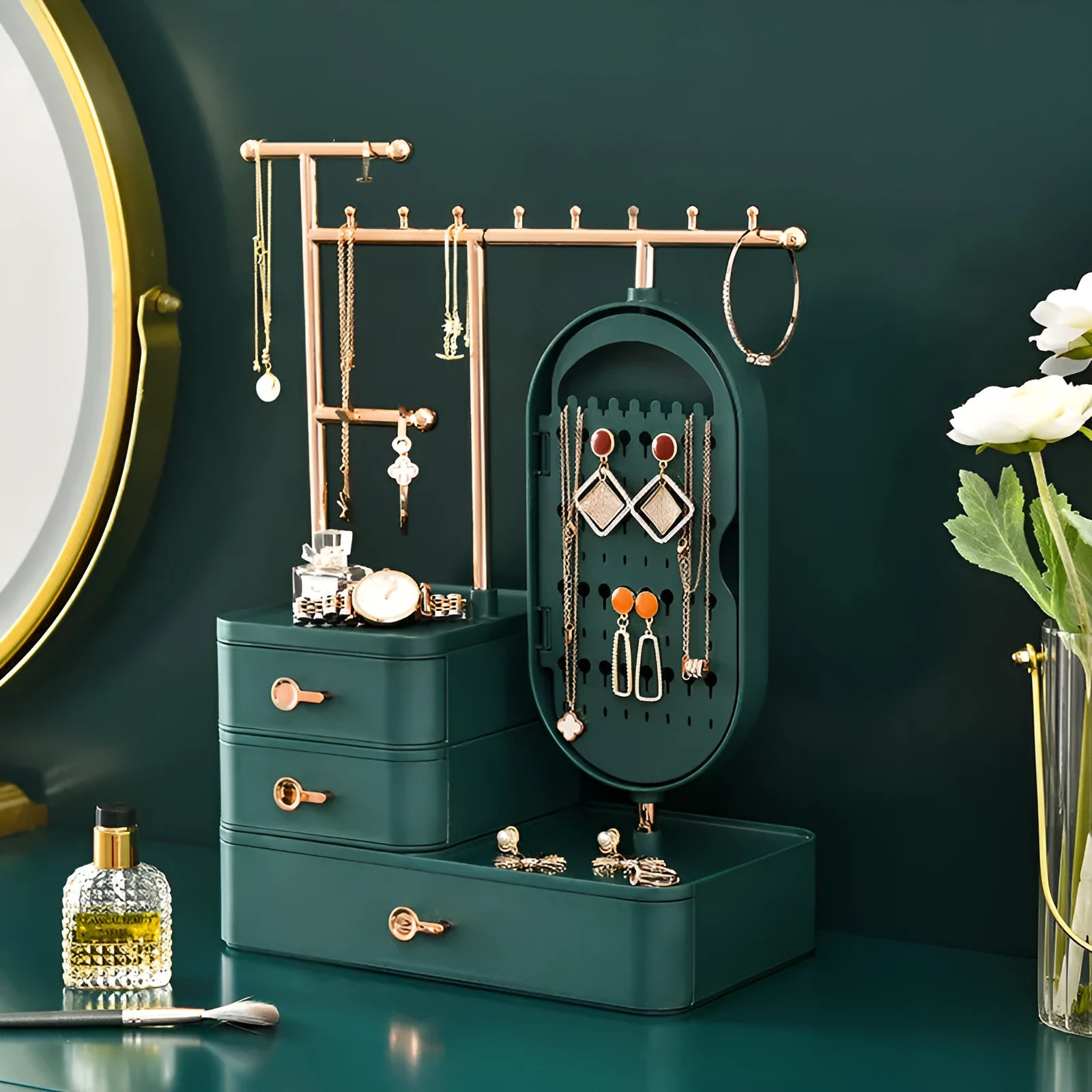 Cosmetics storage box with mirror in pearl white plastic, 27x17x18cm, on desktop with makeup items