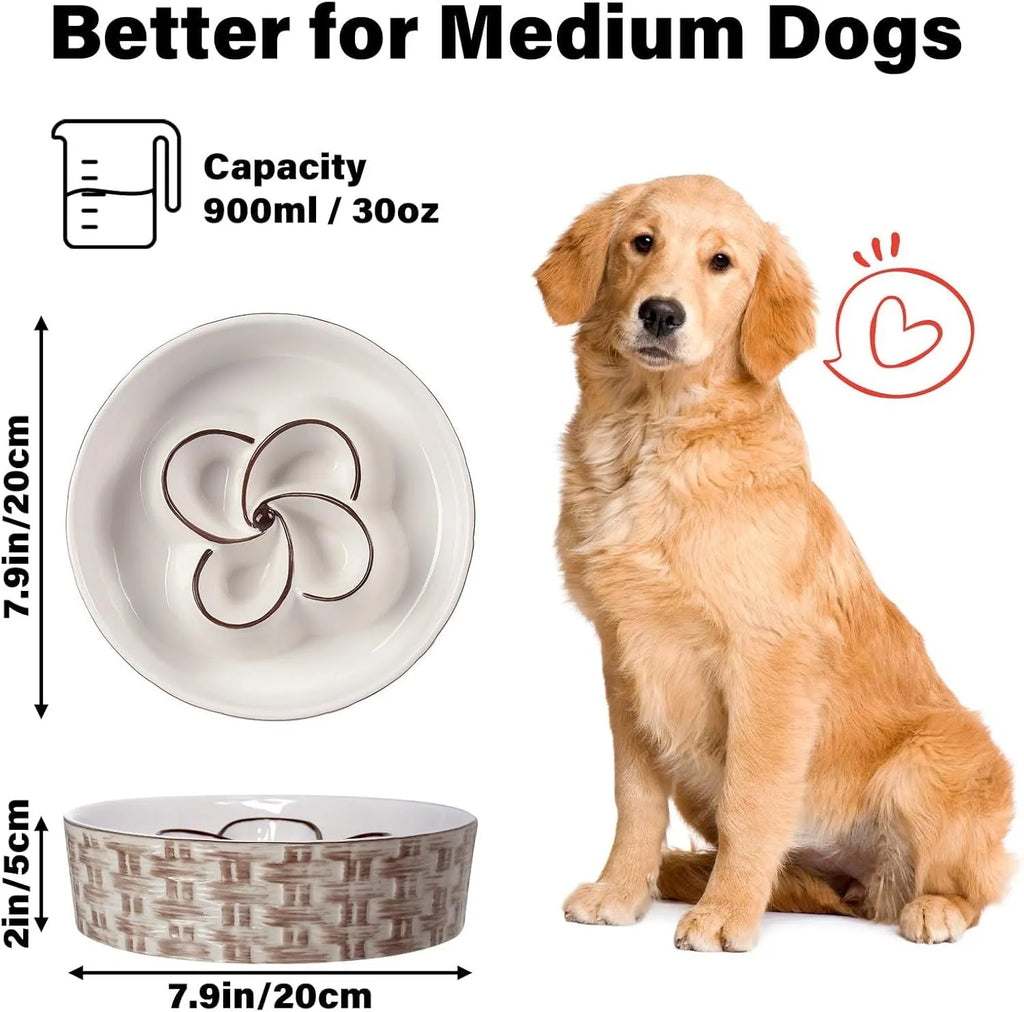 Blue ceramic slow feeder dog bowl with maze pattern and non-slip rubber base for large dogs.