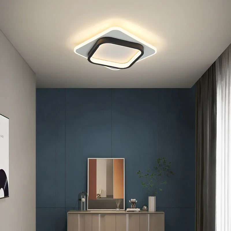 Nordic LED ceiling light surface mounted on hallway ceiling, black finish, warm light on