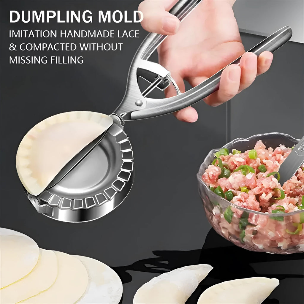 Silver stainless steel dumpling mould with handle for manual kitchen use