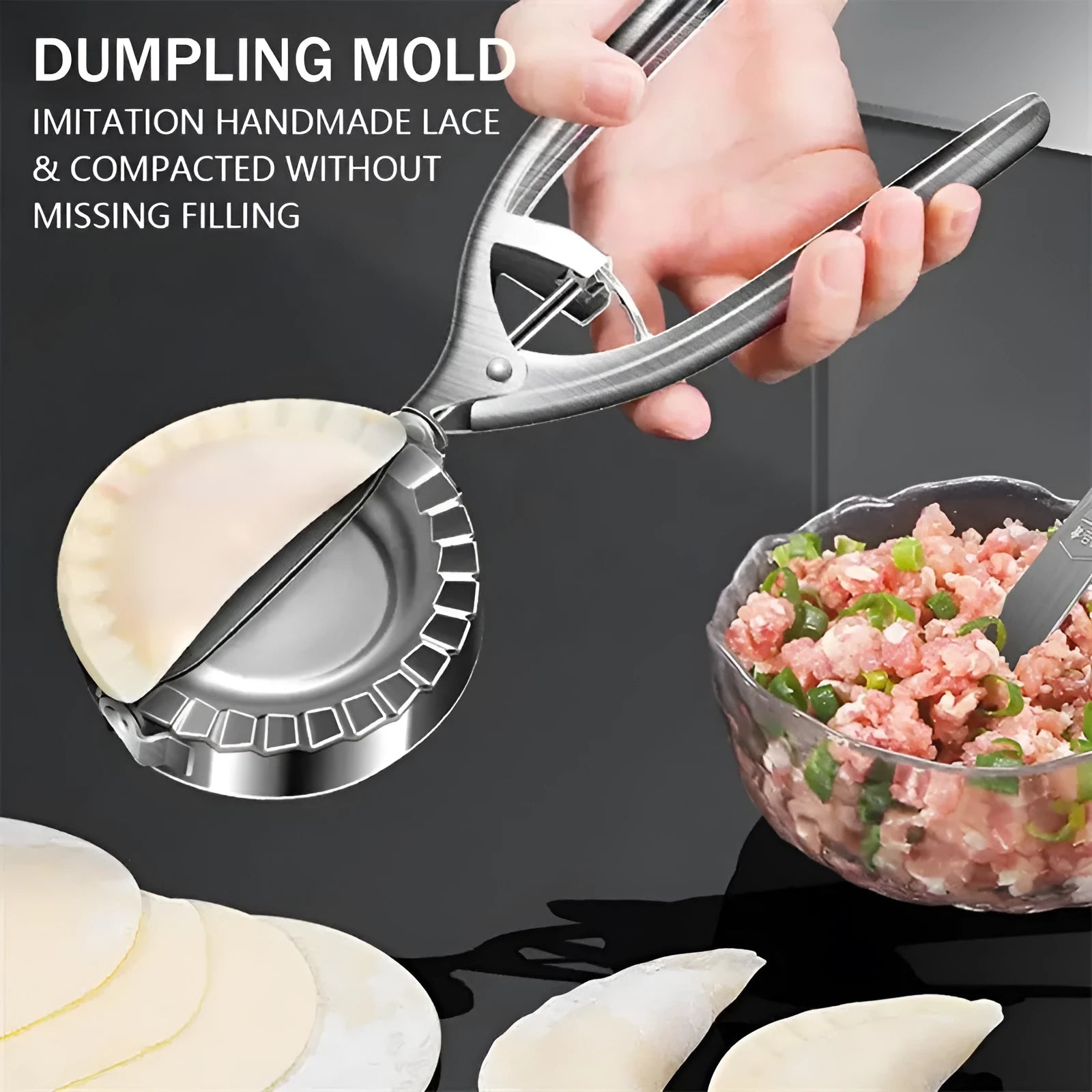 Silver stainless steel dumpling mould with handle for manual kitchen use